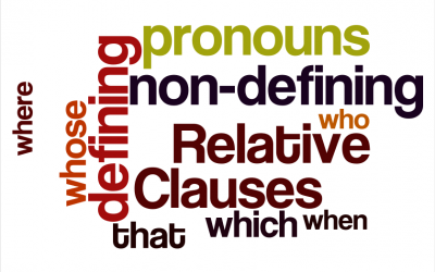 A number of words related to relative clauses (who, which, that, commas) written in different colours and in different sizes