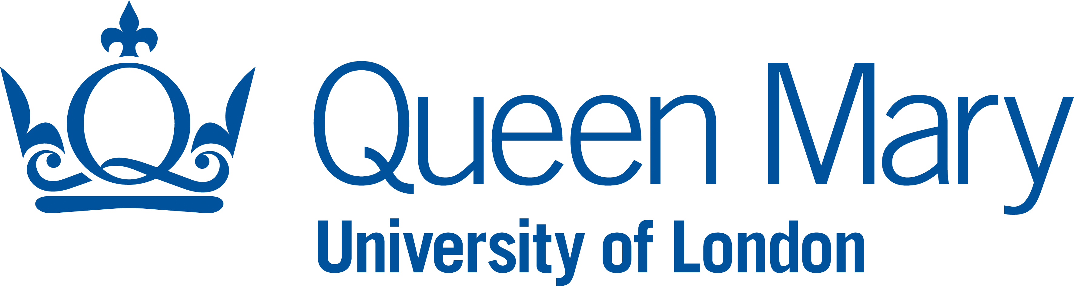 Queen Mary University of London logo. A blue crown with the words Queen Mary University of London.